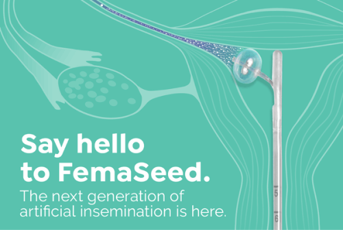 A line diagram of a uterus illustrating FemaSeed that says: Say hello to FemaSeed. The next generation of artificial insemination is here.